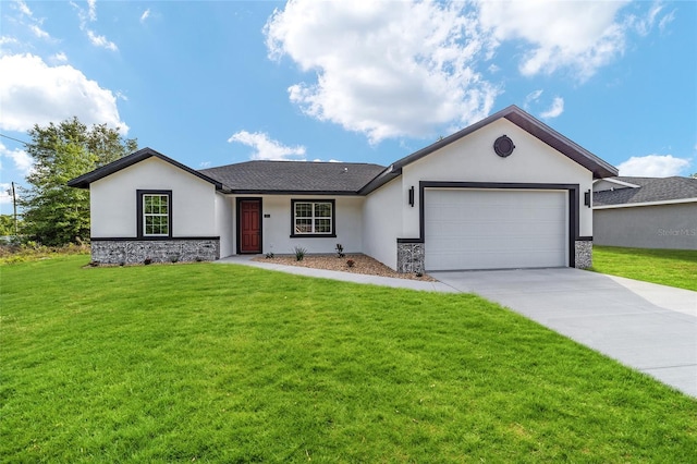 ranch-style home with stone siding, stucco siding, and a garage