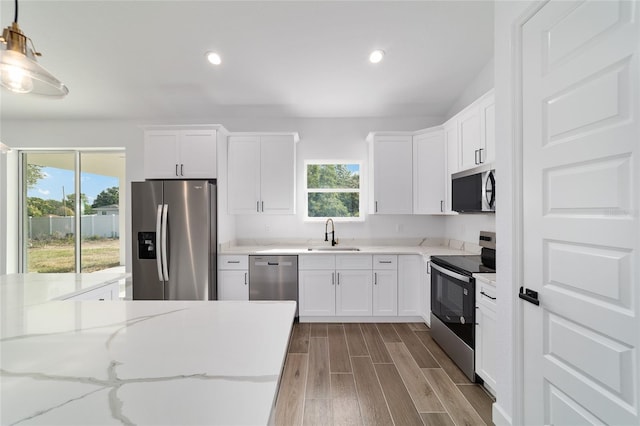 kitchen featuring appliances with stainless steel finishes, plenty of natural light, a sink, wood finished floors, and recessed lighting