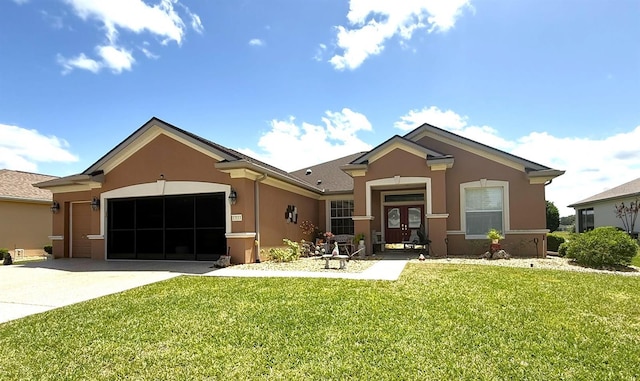 single story home featuring stucco siding, a front yard, an attached garage, french doors, and concrete driveway