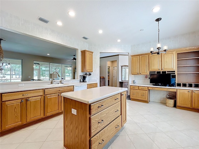 kitchen featuring visible vents, a sink, white dishwasher, and recessed lighting