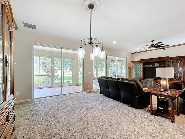 carpeted living room with recessed lighting, visible vents, baseboards, and ceiling fan