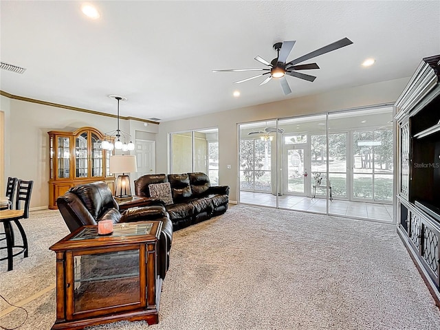 living room with ceiling fan, visible vents, recessed lighting, carpet flooring, and baseboards