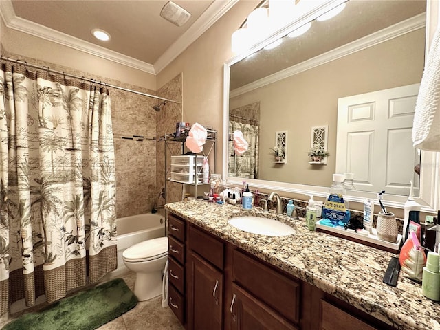 3488 NW 26th St, Gainesville, FL 32605 - full bathroom with crown molding, toilet, shower / bathtub combination with curtain, and vanity