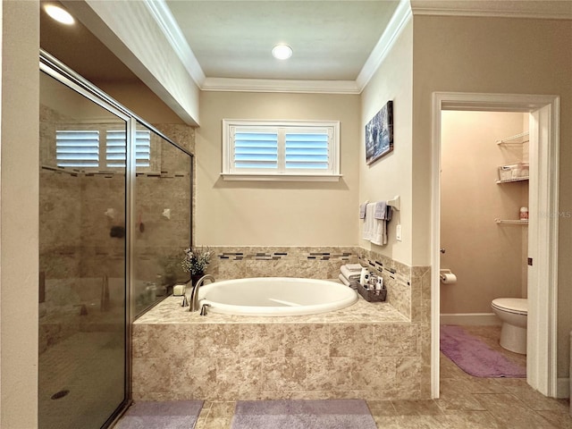 3488 NW 26th St, Gainesville, FL 32605 - bathroom featuring crown molding, a wealth of natural light, a shower stall, and a garden tub