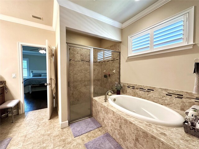 3488 NW 26th St, Gainesville, FL 32605 - ensuite bathroom featuring a stall shower, a garden tub, ornamental molding, and visible vents