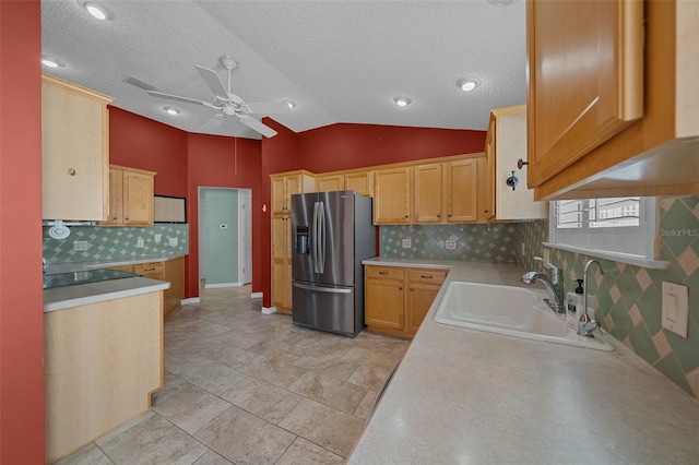882 Tanglewood Pl, The Villages, FL 32162 - kitchen with stainless steel fridge with ice dispenser, light countertops, decorative backsplash, a sink, and ceiling fan