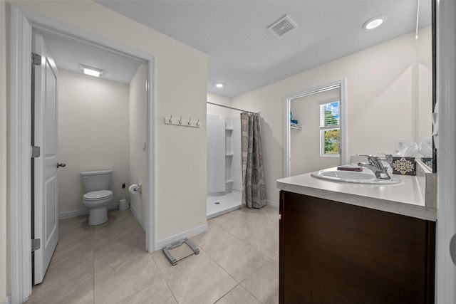 full bathroom with toilet, a stall shower, tile patterned flooring, and visible vents