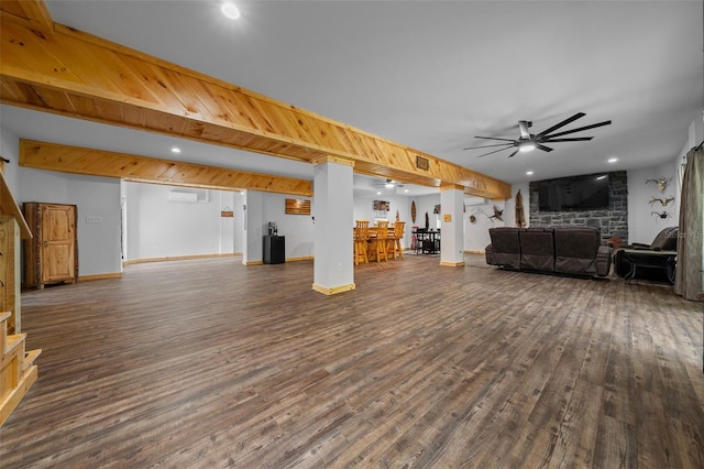 living room with wood finished floors, ceiling fan, baseboards, and recessed lighting