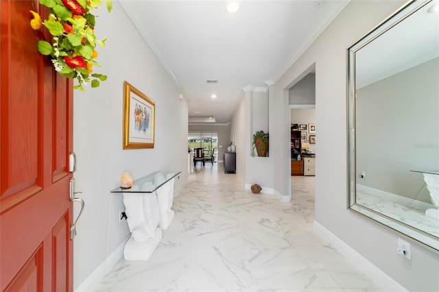 entryway featuring visible vents, baseboards, recessed lighting, marble finish floor, and crown molding