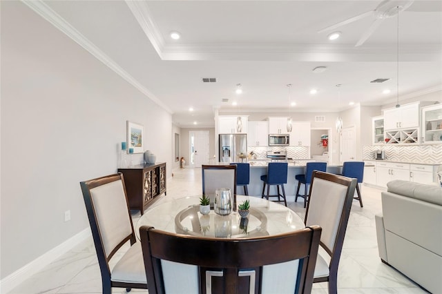 dining area featuring marble finish floor, baseboards, visible vents, and recessed lighting