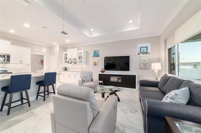 living room featuring recessed lighting, crown molding, visible vents, and marble finish floor