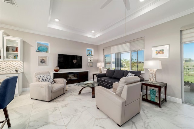 living area with marble finish floor, ceiling fan, baseboards, ornamental molding, and visible vents