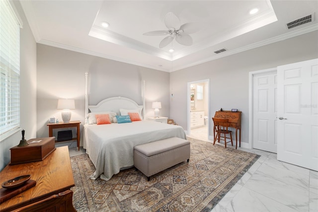 bedroom with ornamental molding, a tray ceiling, visible vents, and recessed lighting