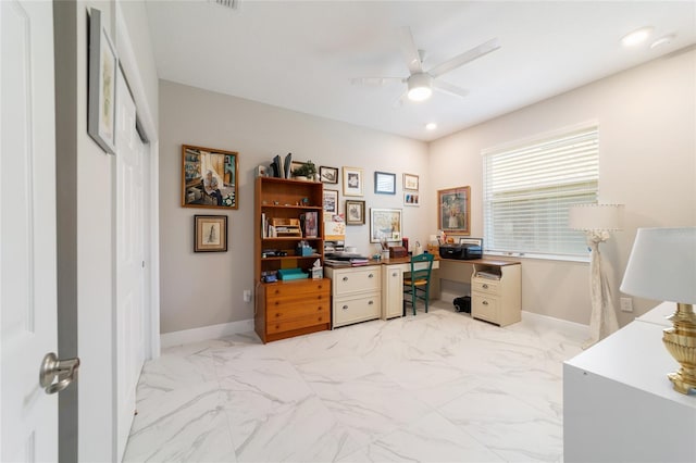 office with baseboards, marble finish floor, recessed lighting, and ceiling fan