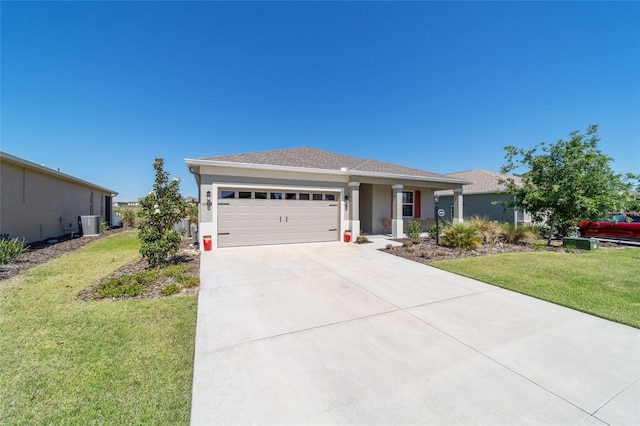 ranch-style house with stucco siding, a front lawn, driveway, and a garage