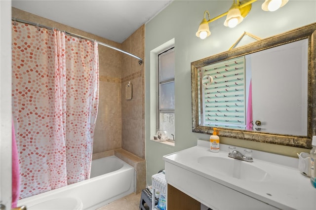 bathroom featuring tile patterned floors, vanity, and shower / bath combination with curtain