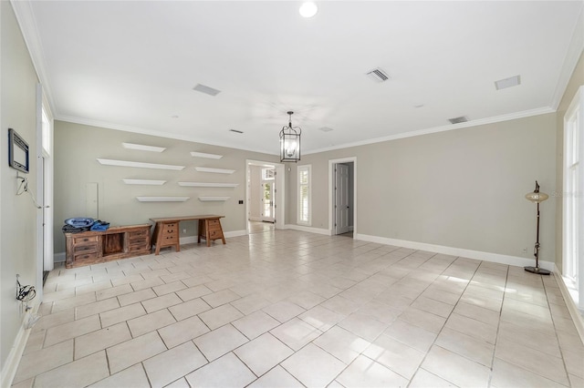 1251 SW 43rd Pl, Ocala, FL 34471 - unfurnished living room with crown molding, light tile patterned floors, baseboards, and a chandelier