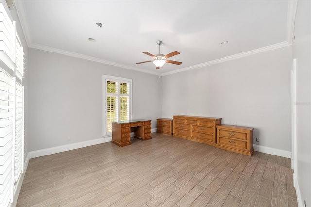 1251 SW 43rd Pl, Ocala, FL 34471 - unfurnished office with a ceiling fan, light wood-type flooring, crown molding, and baseboards