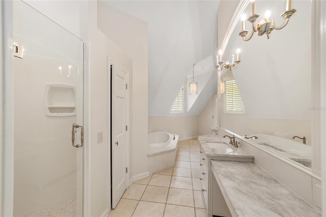 1251 SW 43rd Pl, Ocala, FL 34471 - full bath with a garden tub, double vanity, tile patterned floors, a stall shower, and lofted ceiling