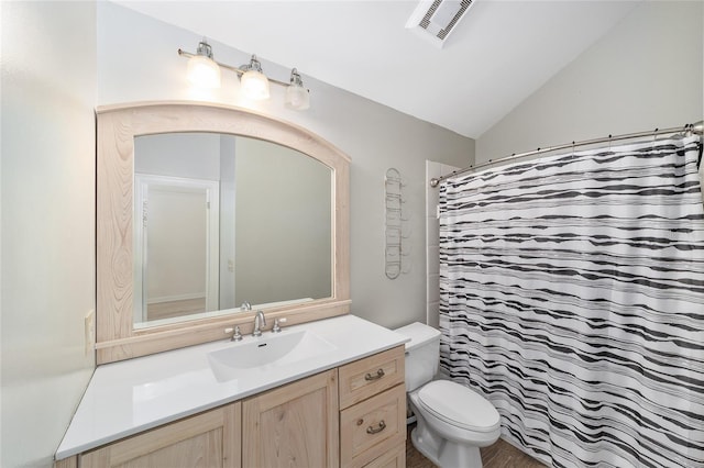 1251 SW 43rd Pl, Ocala, FL 34471 - bathroom featuring lofted ceiling, toilet, vanity, and curtained shower