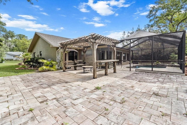 view of patio / terrace with an outdoor pool, a pergola, and glass enclosure