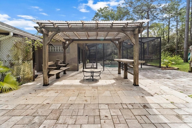 view of patio with a lanai, an outdoor pool, and a pergola