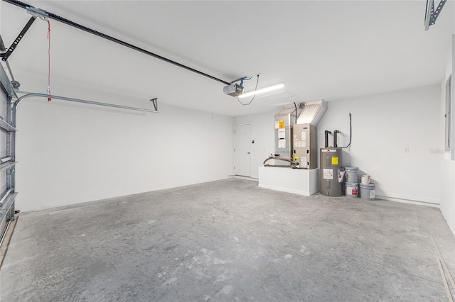 garage featuring heating unit, a garage door opener, and electric water heater