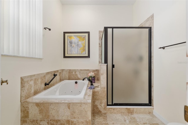 full bath featuring a jetted tub and a stall shower