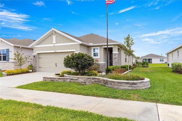 5220 Sunshine Dr, Wildwood, FL 34785 - view of front of home featuring stucco siding, driveway, stone siding, a front yard, and a garage