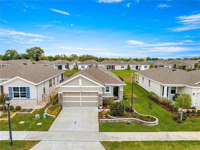 5220 Sunshine Dr, Wildwood, FL 34785 - ranch-style house featuring a garage, stone siding, a residential view, and a front lawn