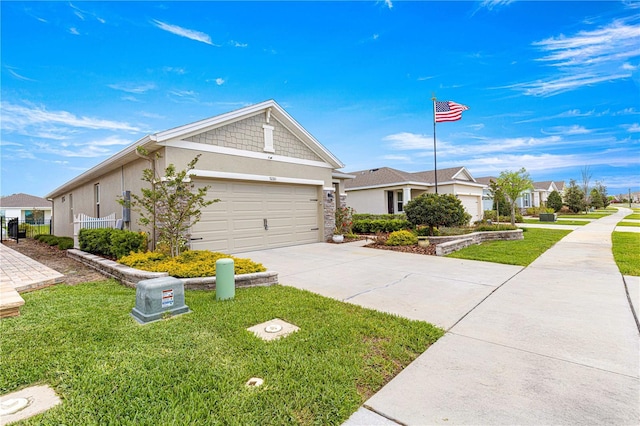 5220 Sunshine Dr, Wildwood, FL 34785 - view of front of home with a garage, stucco siding, a front lawn, driveway, and a residential view