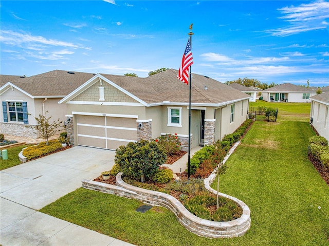 5220 Sunshine Dr, Wildwood, FL 34785 - view of front of home with stone siding, a garage, concrete driveway, a front lawn, and stucco siding