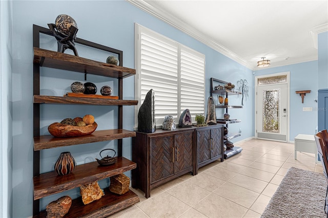 5220 Sunshine Dr, Wildwood, FL 34785 - hall with light tile patterned floors, baseboards, and ornamental molding