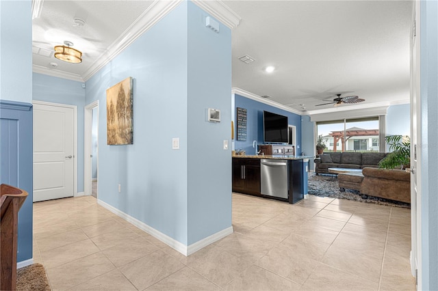 5220 Sunshine Dr, Wildwood, FL 34785 - hallway featuring light tile patterned floors, baseboards, ornamental molding, and visible vents