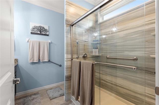 5220 Sunshine Dr, Wildwood, FL 34785 - bathroom featuring a shower stall, vanity, baseboards, and crown molding