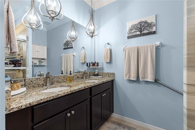 5220 Sunshine Dr, Wildwood, FL 34785 - full bath featuring a chandelier, vanity, baseboards, and ornamental molding