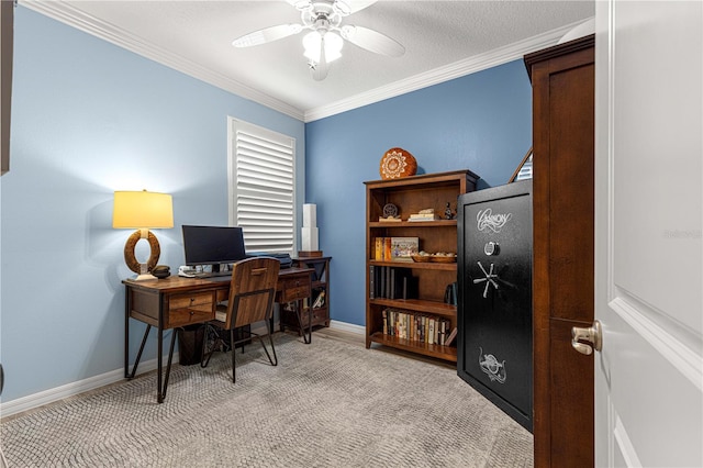5220 Sunshine Dr, Wildwood, FL 34785 - home office with crown molding, ceiling fan, light colored carpet, and baseboards