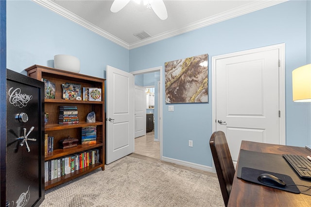5220 Sunshine Dr, Wildwood, FL 34785 - office area with crown molding, baseboards, a ceiling fan, and visible vents