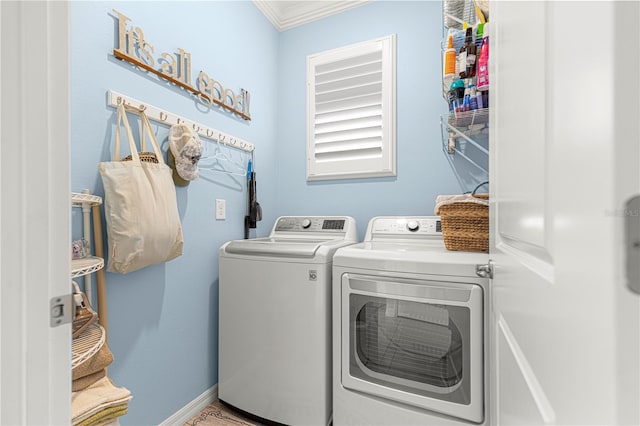 5220 Sunshine Dr, Wildwood, FL 34785 - washroom featuring crown molding, baseboards, separate washer and dryer, and laundry area