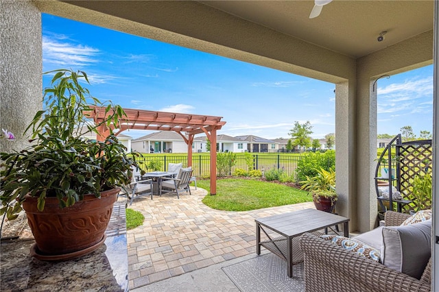 5220 Sunshine Dr, Wildwood, FL 34785 - view of patio with a fenced backyard, a ceiling fan, a residential view, and a pergola