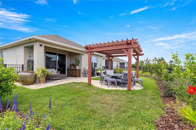5220 Sunshine Dr, Wildwood, FL 34785 - rear view of house with a pergola, a patio area, a lawn, fence, and stucco siding
