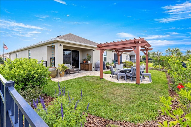 5220 Sunshine Dr, Wildwood, FL 34785 - back of property featuring a pergola, a yard, stucco siding, a patio, and fence
