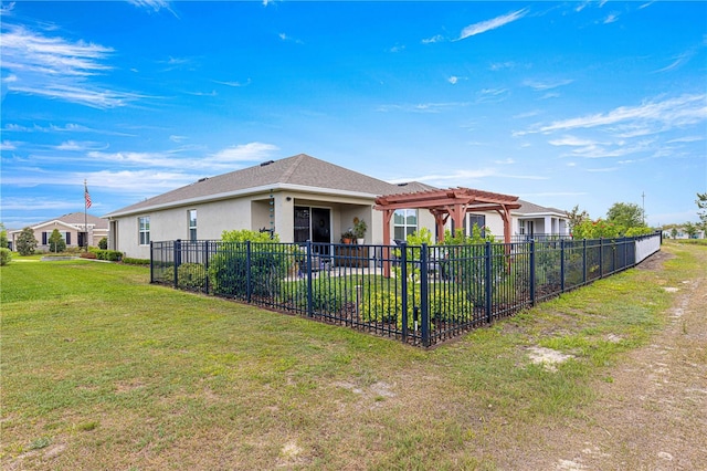 5220 Sunshine Dr, Wildwood, FL 34785 - back of property featuring a pergola, stucco siding, a lawn, a patio area, and fence
