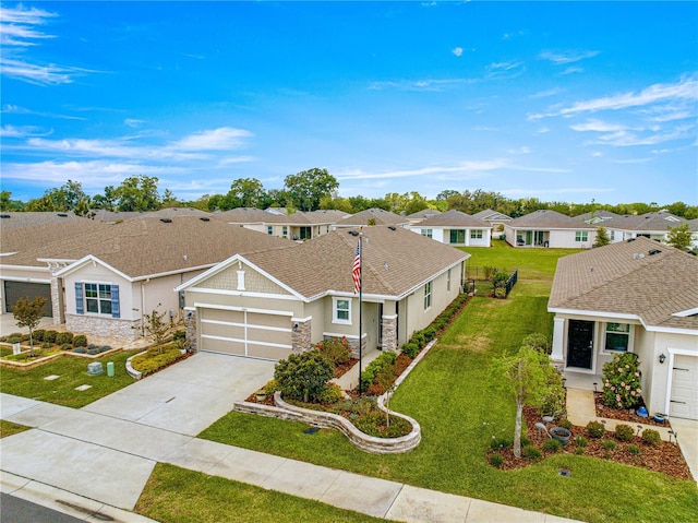 5220 Sunshine Dr, Wildwood, FL 34785 - single story home with stucco siding, a front yard, stone siding, an attached garage, and a residential view