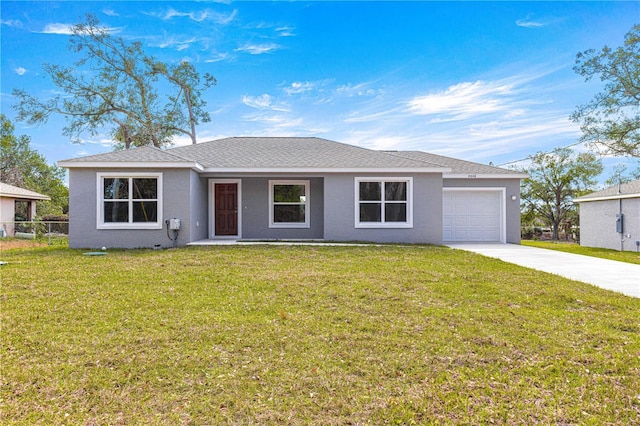 ranch-style home featuring stucco siding, fence, a front lawn, a garage, and driveway