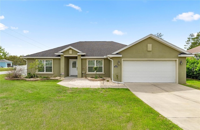 single story home featuring stucco siding, a front lawn, an attached garage, a shingled roof, and driveway