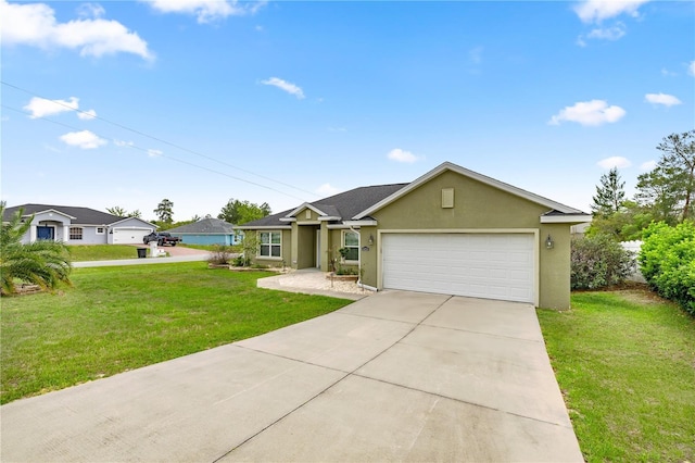 ranch-style home with a garage, stucco siding, driveway, and a front yard