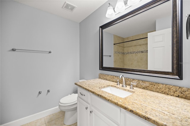 full bath featuring visible vents, baseboards, toilet, vanity, and tile patterned floors