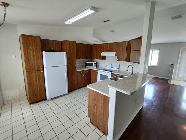 10315 SW 62nd Terrace Rd, Ocala, FL 34476 - kitchen featuring white appliances, under cabinet range hood, lofted ceiling, light countertops, and a sink
