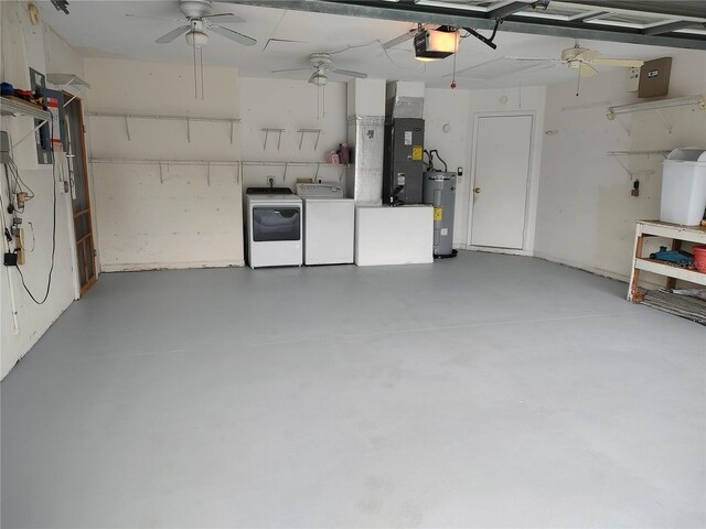 10315 SW 62nd Terrace Rd, Ocala, FL 34476 - garage featuring independent washer and dryer, water heater, a garage door opener, ceiling fan, and heating unit